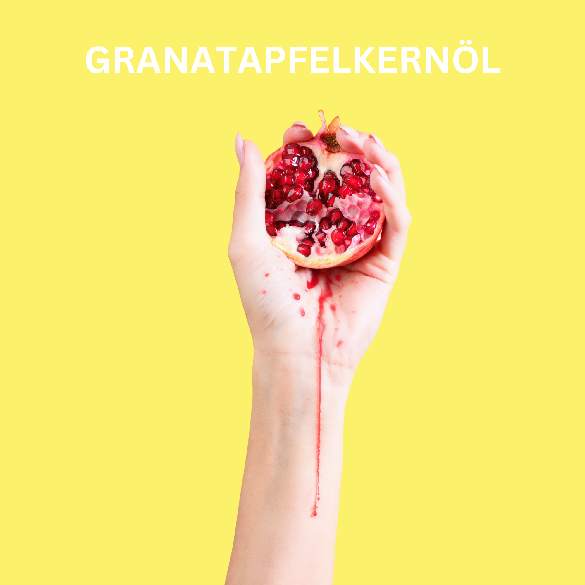 Eine Hand drückt eine Granatapfelhälfte aus, während roter Saft herunterläuft, als Symbol für das Doctor Derma Granatapfelkernöl in der Hautpflege, vor einem gelben Hintergrund mit dem Text Granatapfelkernöl