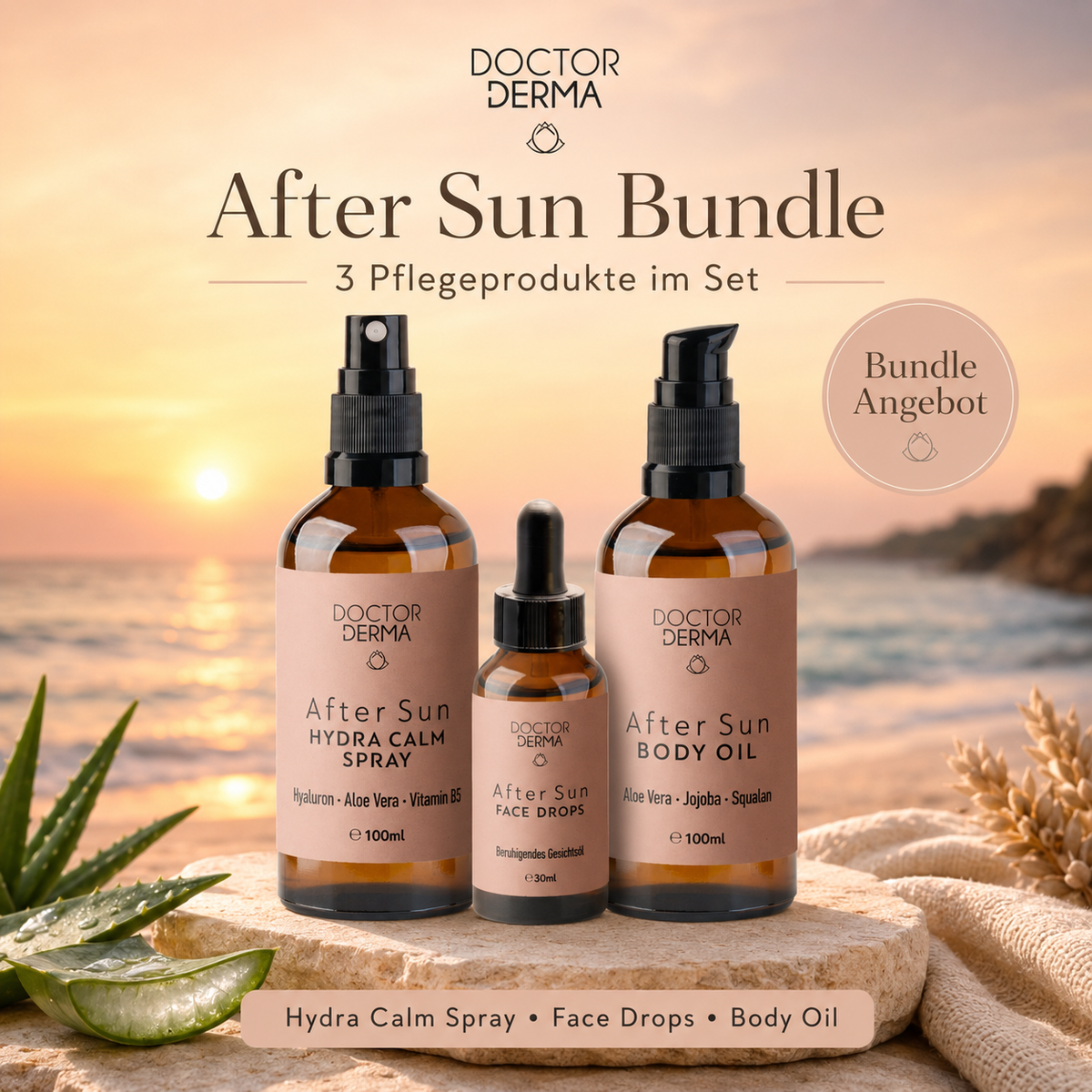 DOCTOR DERMA After Sun Set mit Aloe Vera, Hyaluron und pflegenden Pflanzenölen für sonnenbeanspruchte Haut