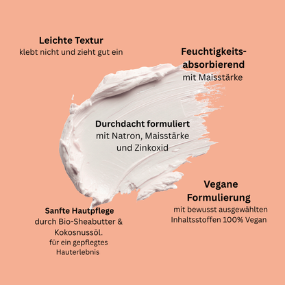Produktinfografik zur Natural Deo Creme BALANCE mit leichter Textur, veganer Formulierung, Maisstärke, Bio-Sheabutter und Kokosöl