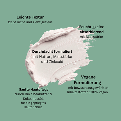 Produktinfografik zur Natural Deo Creme FRESH mit leichter Textur, veganer Formulierung, Maisstärke, Bio-Sheabutter und Kokosöl