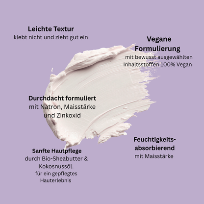 Produktinfografik zur Natural Deo Creme RELAX mit leichter Textur, veganer Formulierung, Maisstärke, Bio-Sheabutter und Kokosöl