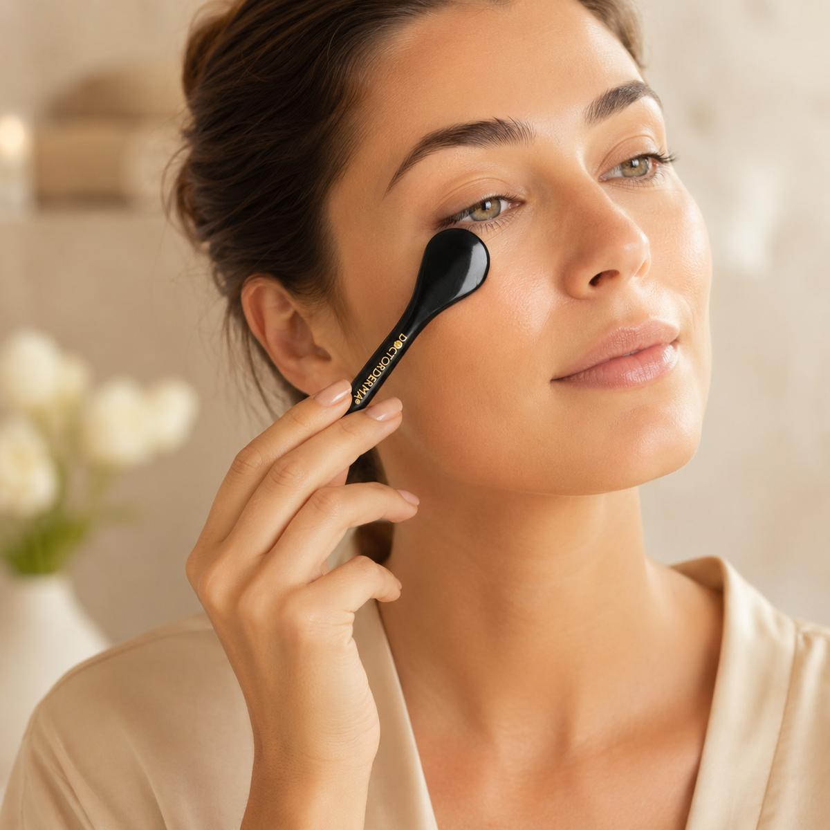 Anwendung des DOCTOR DERMA Bian Stein Löffels zur Gua Sha Gesichtsmassage