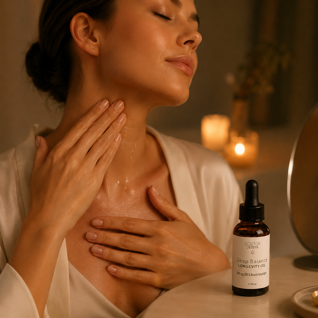 Frau verwendet DOCTOR DERMA Deep Balance Longevity Oil als pflegendes Abendritual für Nacken und Dekolleté