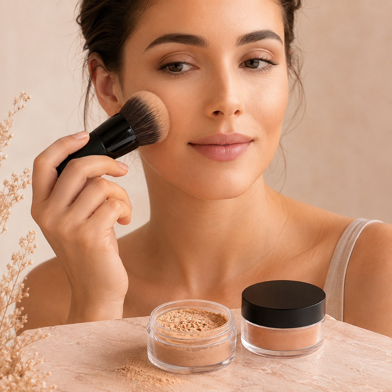 Frau trägt DOCTOR DERMA CLEAN Mineral Puder mit einem Kabuki-Pinsel auf