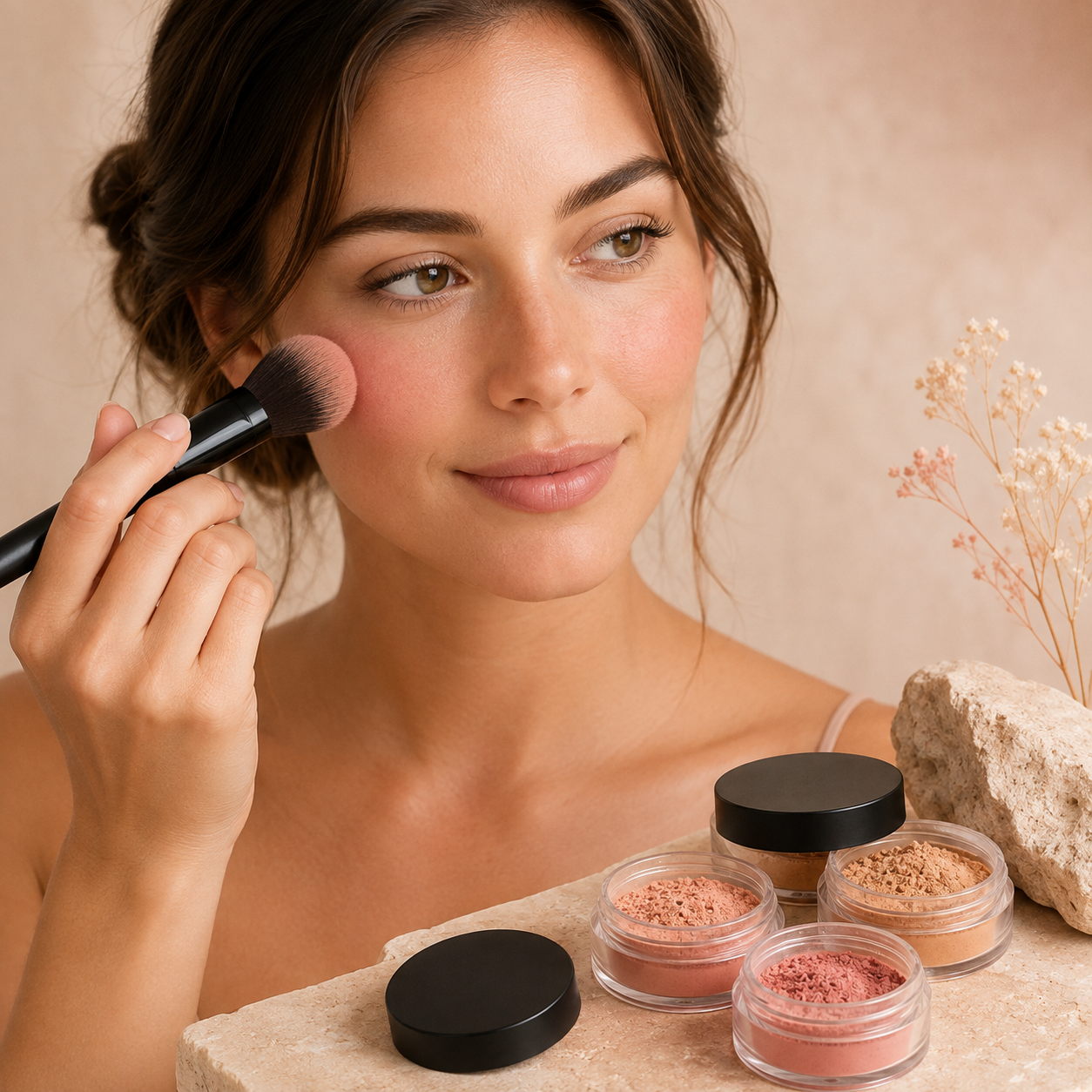 Frau trägt DOCTOR DERMA CLEAN Mineral Rouge mit einem Rougepinsel auf