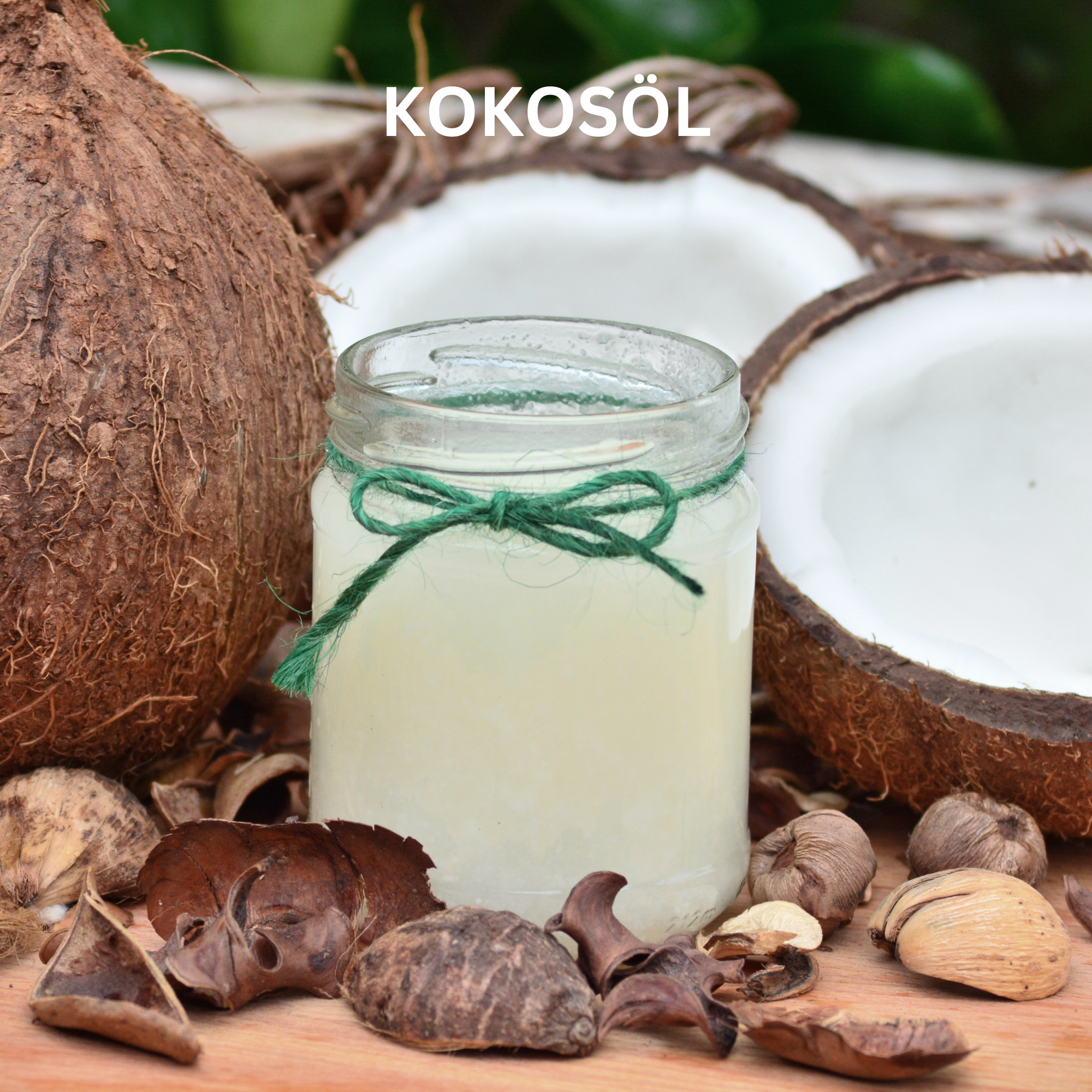 Kaltgepresstes Bio-Kokosöl im Glas, dekoriert mit geöffneten Kokosnüssen als milder Pflanzenöl-Inhaltsstoff für die DOCTOR DERMA Natural Deo Creme. Schützt das Hautmikrobiom und sorgt für sanfte Achselpflege.