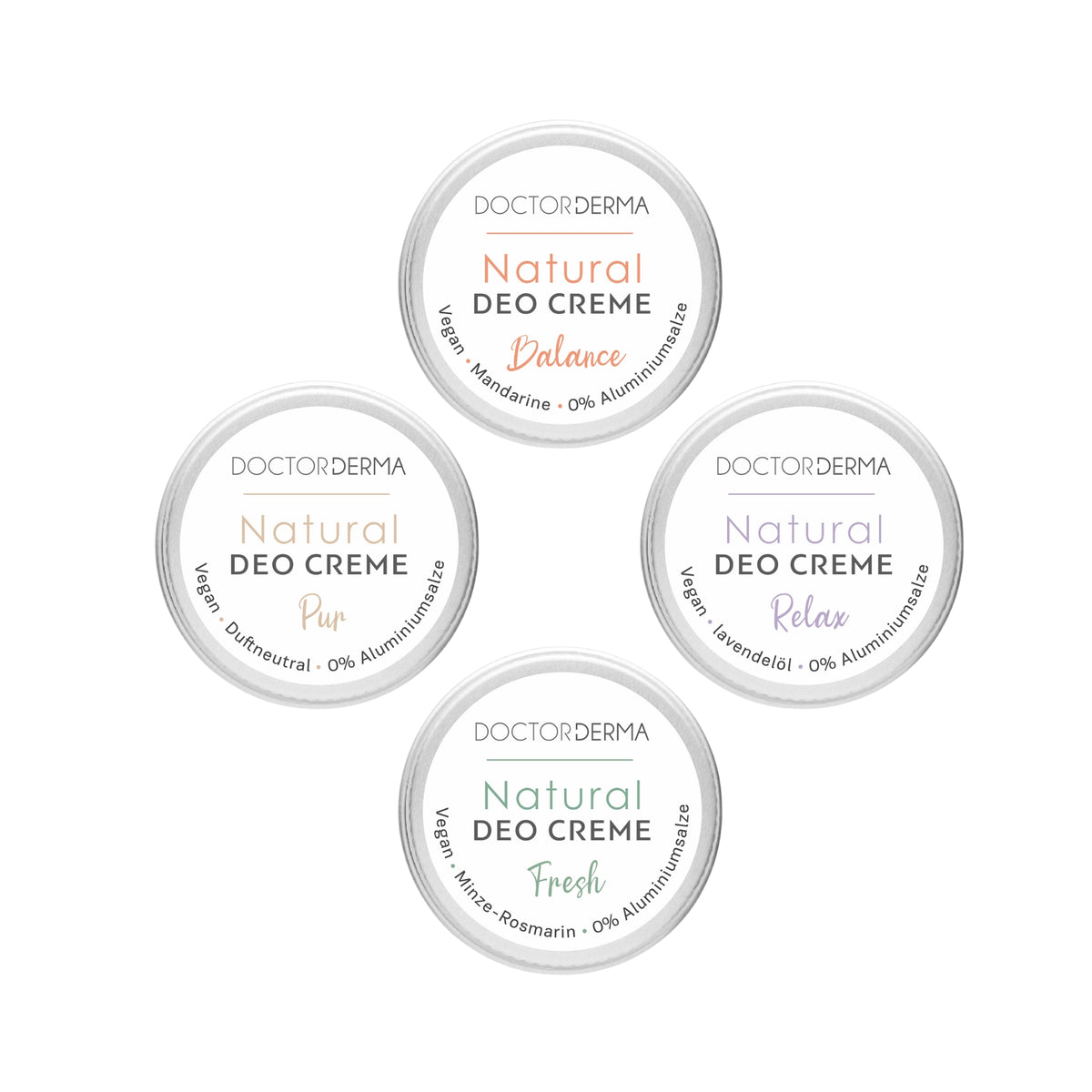 Vegane Naturkosmetik Deocreme ohne Aluminiumsalze von Doctor Derma im 4er Set mit den Duftrichtungen Mandarine, Minze-Rosmarin, Lavendelöl und Duftneutral.