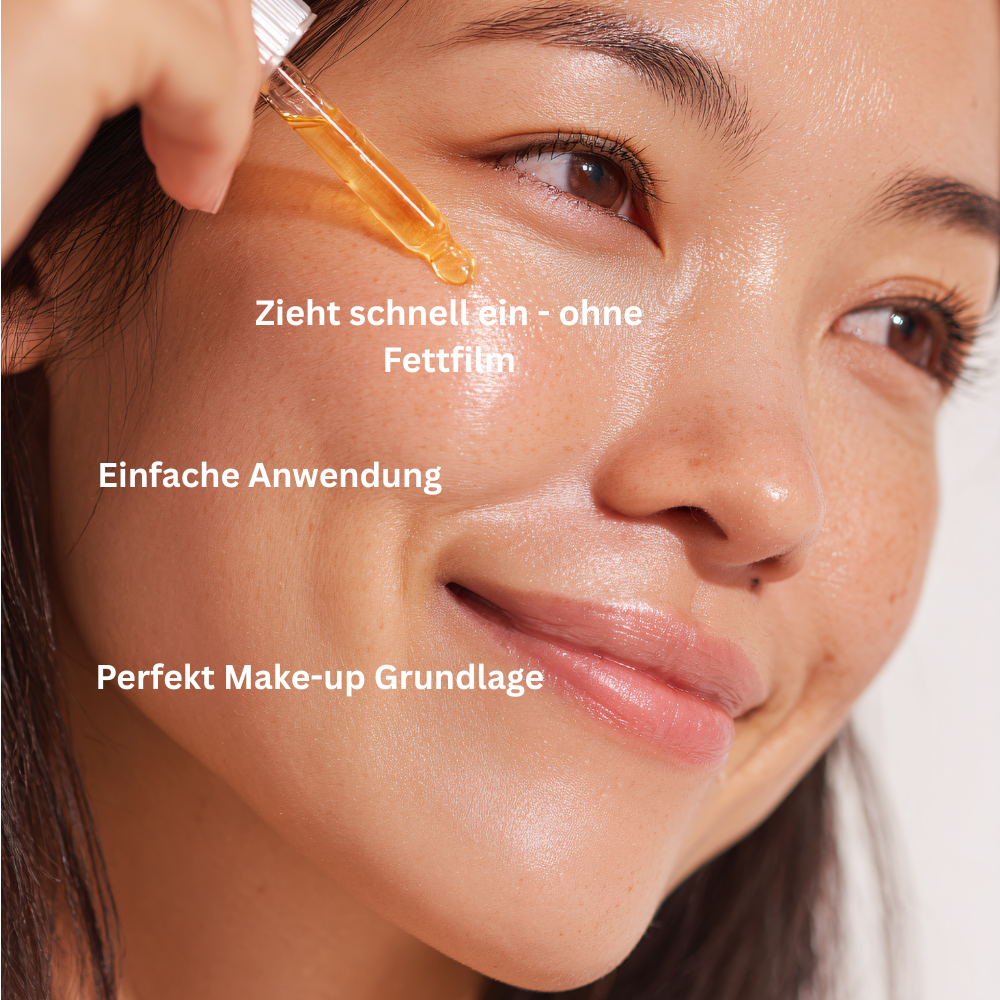 Nahaufnahme der Anwendung des Doctor Derma Gesichtsöls mit einer Pipette auf der Wange für eine einfache Anwendung, die schnell einzieht, keinen Fettfilm hinterlässt und perfekt als Make-up-Grundlage dient.