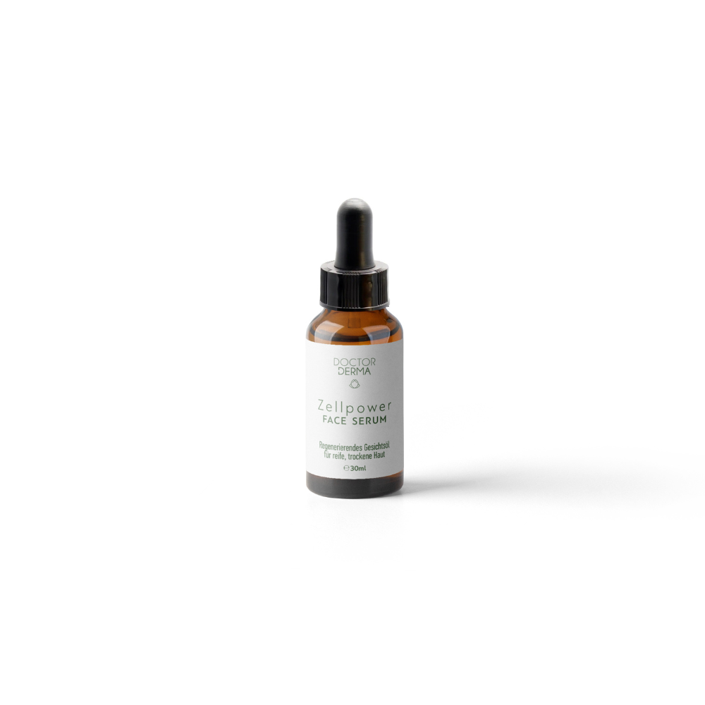 Doctor Derma Zellpower Face Serum in einer braunen Glasflasche mit Pipette vor weißem Hintergrund.