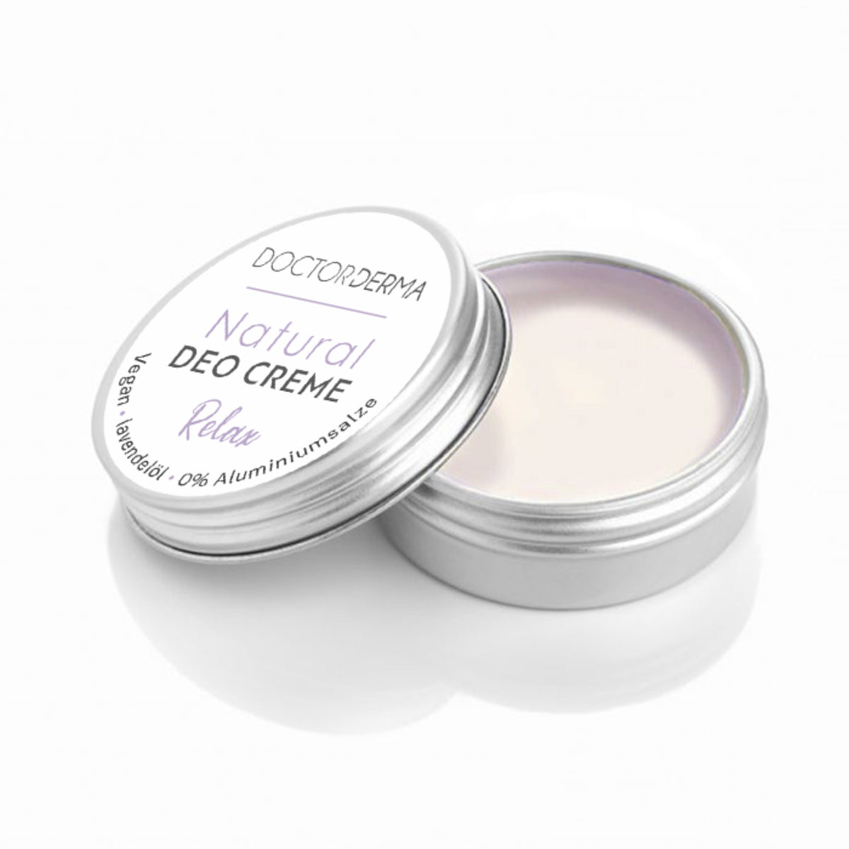Geöffnete 15-g-Dose der DOCTOR DERMA Natural Deo Creme RELAX mit Lavendel und Orange